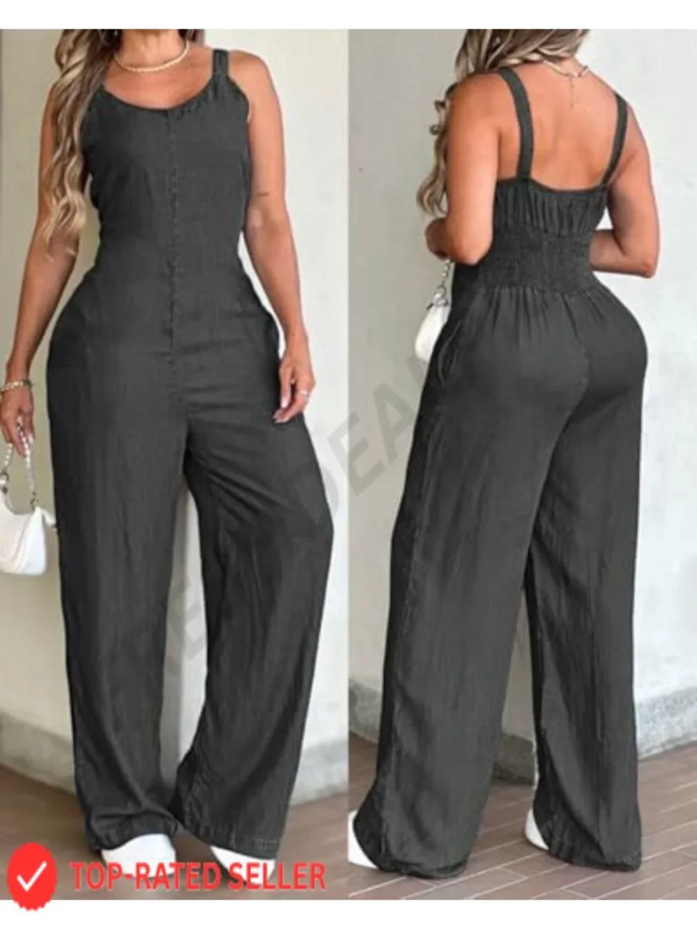 Wide Leg Jumpsuit Sleeveless V Neck Romper with Pockets Casual One Piece